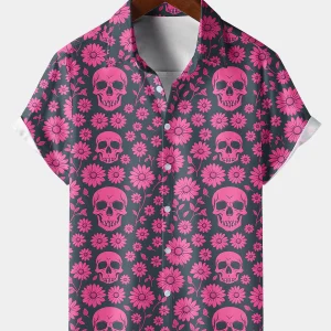 Chemise d'été à manches courtes pour homme avec motif de crâne rose et fleurs de marguerite boutonnée pour les vacances