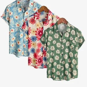 Lot de 3 | Chemises boutonnées hawaïennes à manches courtes pour hommes en coton à fleurs d'été à la plage