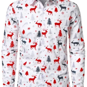 Chemise de Noël en coton pour homme à manches longues motif renne festif