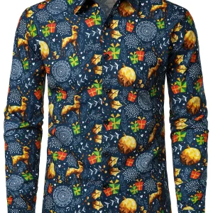 Chemise de Noël bleue pour homme à manches longues imprimé festif avec renne