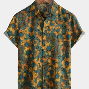 Chemise d'été à manches courtes en coton respirant rétro tournesol pour hommes