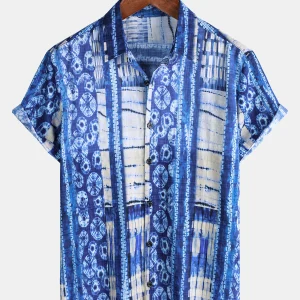 Chemise d'été à manches courtes à rayures bleues et à imprimé rétro pour hommes