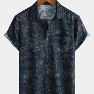 Chemise d'été à manches courtes et poche à imprimé floral rétro pour hommes