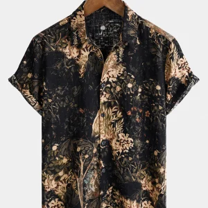 Chemise boutonnée à manches courtes pour homme avec imprimé végétal rétro