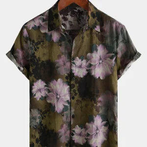 Chemise boutonnée à manches courtes pour homme, motif floral rétro rose