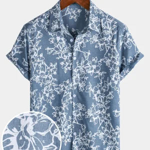 Chemise d'été en coton à manches courtes et imprimé floral hawaïen bleu pour homme