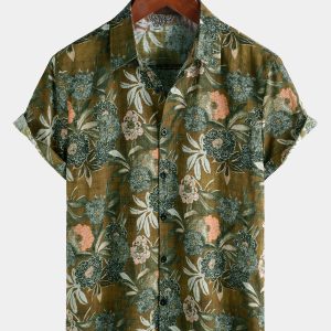 Chemise boutonnée à manches courtes et motif floral rétro pour homme