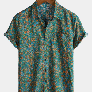 Chemise boutonnée à manches courtes et poches pour homme, style rétro, abstrait