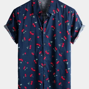 Chemise de plage hawaïenne tropicale en coton à imprimé floral cerise pour hommes