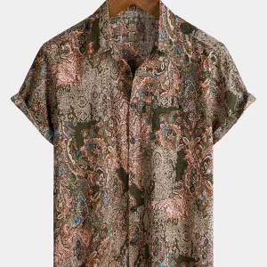 Chemise à manches courtes en coton à imprimé cachemire vintage pour homme