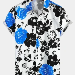 Chemise à manches courtes en coton à fleurs bleues décontractée à imprimé floral pour hommes