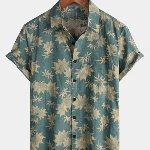 Chemise d'été à manches courtes avec poche en coton et feuille d'érable pour hommes