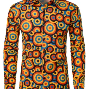 Chemise à manches longues à boutons rétro orange des années 70 pour homme, motif géométrique vintage