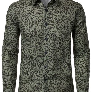 Chemise à manches longues en coton respirant à motif cachemire rétro pour homme