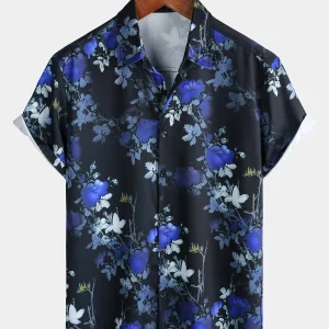 Chemise à manches courtes à imprimé floral hawaïen Blue Rose pour homme