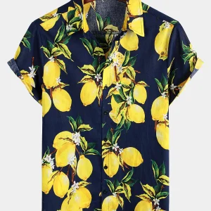 Chemise à manches courtes de vacances d'été de plage hawaïenne à imprimé citron tropical pour hommes