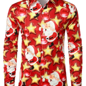 Chemise à manches longues pour hommes, père noël, étoiles brillantes, fête de noël, vacances amusantes