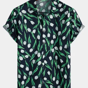 Chemise hawaïenne à manches courtes en coton à fleurs pour hommes