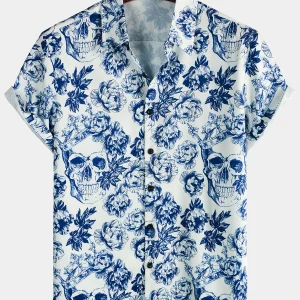 Chemise à manches courtes à imprimé crâne floral Punk Rock Crown pour hommes