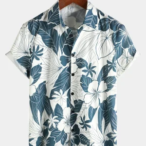Chemise de plage à boutons à manches courtes et motif floral hawaïen 100 % coton pour homme
