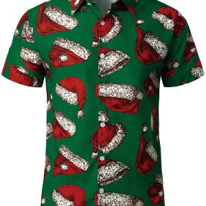 Chemise à manches courtes à boutons pour homme avec imprimé chapeau de Noël vert