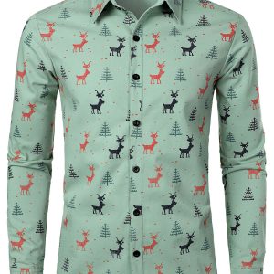 Chemise à manches longues à boutons pour homme avec imprimé cerfs et arbres