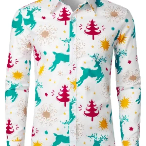 Chemise à manches longues à boutons pour homme avec imprimé animaux de forêt et arbres de Noël, blanche
