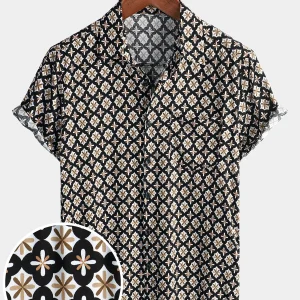 Chemise d'été noire à manches courtes pour hommes, motif floral géométrique vintage