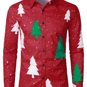 Chemise à manches longues à boutons pour homme avec imprimé arbres de Noël et neige rouge