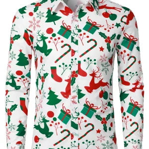 Chemise à manches longues à boutons pour homme avec imprimé ornements de Noël et sapins