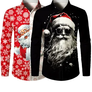 Lot de 2 | Chemises à manches longues pour hommes avec motifs drôles de père Noël et flocons de neige pour Noël