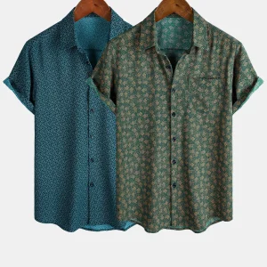 Lot de 2 | Chemises à manches courtes pour homme à imprimé géométrique rétro