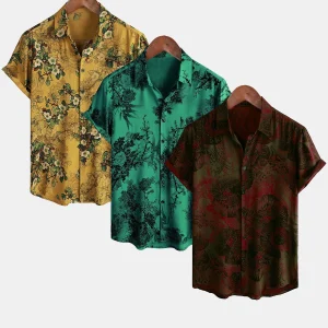 Lot de 3 | Chemises boutonnées à manches courtes pour homme, style hawaïen, vintage, à imprimé floral, pour l'été et les vacances