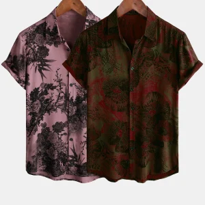 Lot de 2 | Chemises décontractées à manches courtes et boutons à motif floral rétro pour hommes
