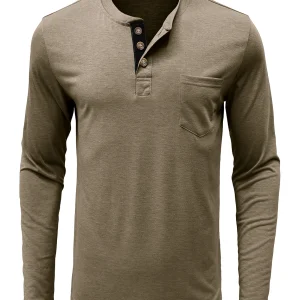 T-shirt décontracté à manches longues et poche à col Henry en coton de couleur unie pour hommes