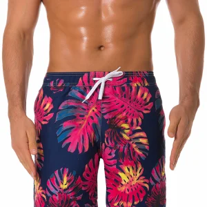 Short de plage d'été imprimé feuilles tropicales pour hommes, maillot de bain bleu marine