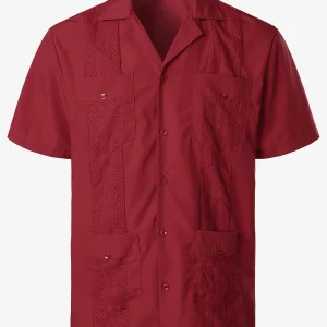 Chemise Guayabera cubaine rouge à manches courtes et poche pour hommes