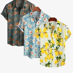 Lot de 3 | Chemise florale à manches courtes boutonnée en coton hawaïen pour hommes