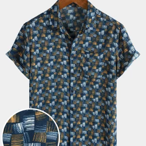 Chemise d'été décontractée à manches courtes pour homme, style rétro, bleu