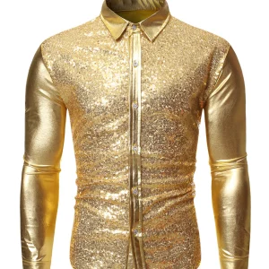 Chemise à manches longues boutonnée à sequins métalliques pour hommes