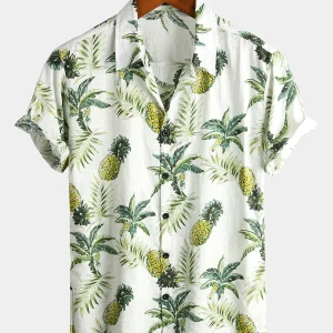 Chemise d'été à manches courtes en coton imprimé hawaïen à fleurs ananas et fruits tropicaux pour hommes