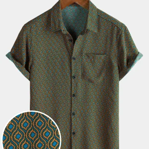 Chemise boutonnée rétro décontractée à manches courtes pour homme, style vacances, bleue