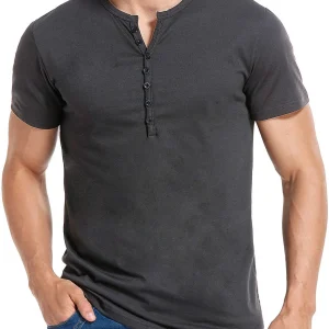 T-shirt Henley décontracté à manches courtes de couleur unie pour hommes