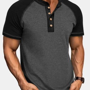 T-shirt Henley bicolore décontracté à manches courtes pour homme