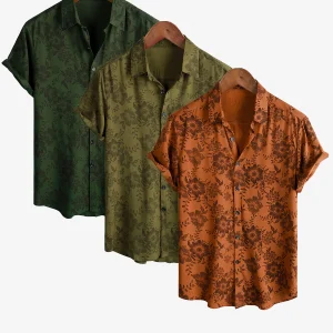 Lot de 3 | Chemise boutonnée à manches courtes respirante à imprimé floral vintage pour hommes