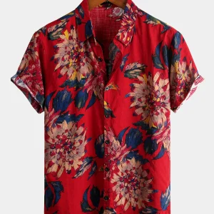 chemise d'homme en pur coton à imprimé style de vacances hawaïennes