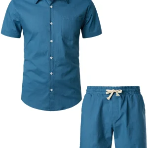 Ensemble chemise et short à manches courtes et short en lin et coton pour hommes, couleur unie, bleu marine