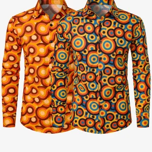 Lot de 2 | Chemises à manches longues à boutons rétro orange des années 70 pour hommes, style vintage géométrique