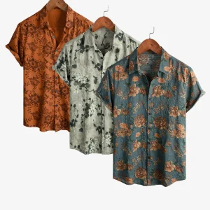 Lot de 3| Chemise boutonnée à manches courtes respirante à imprimé floral marron pour homme