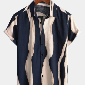 Chemise à manches courtes boutonnée bleu marine à rayures décontractées pour hommes